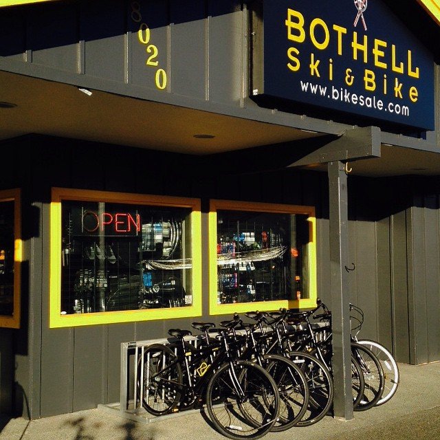 Bikes lined up outside of the Bothell Ski and Bike store in Bothell, Washington.