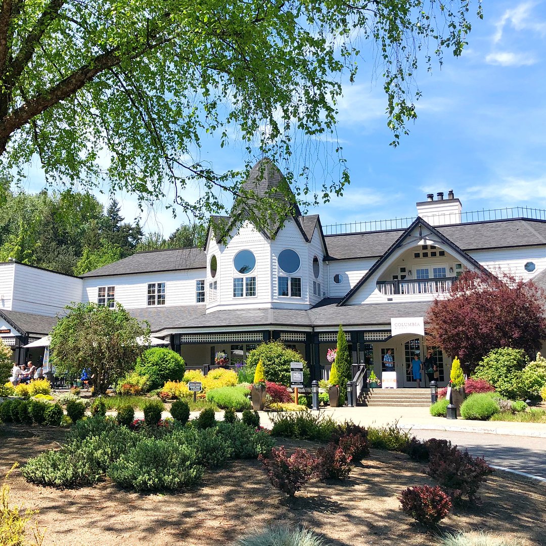 View of the front of the Columbia Winery building near Bothell, Washington.