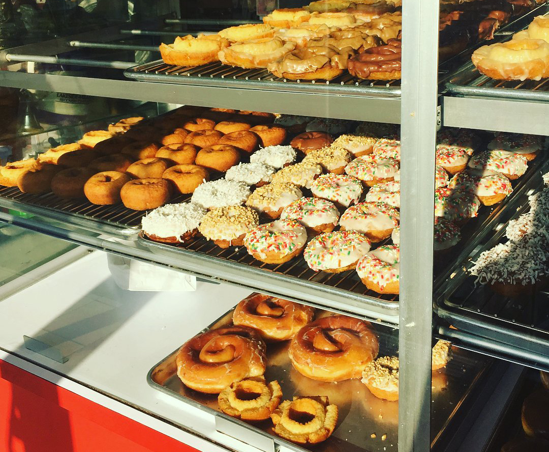 A variety of donuts in the display case at Countryside Donut House in Bothell.