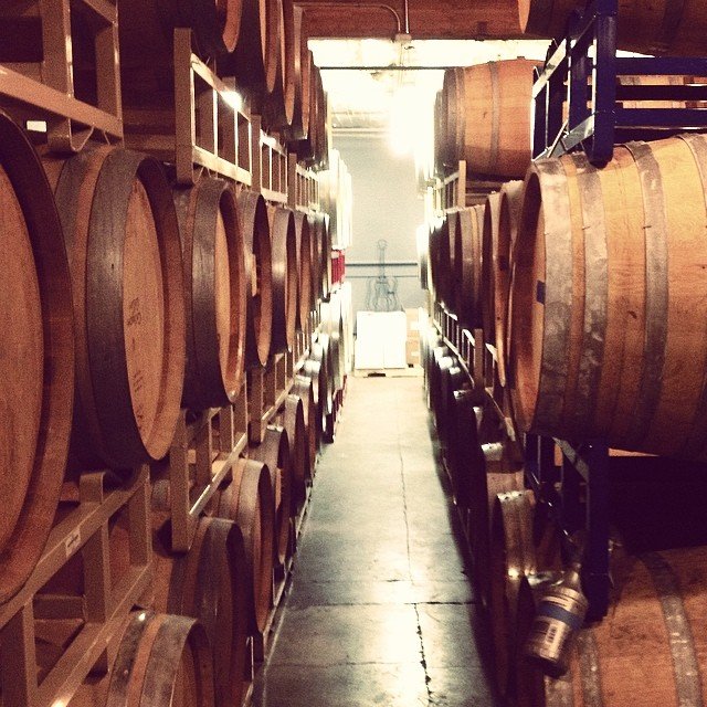 Rows of wine barrels lined up at Cavington Cellars near Bothell, Washington.