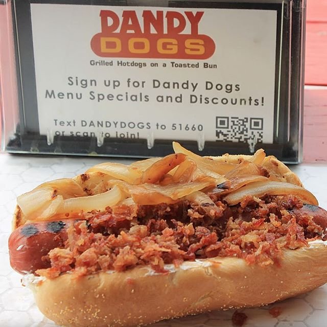All-beef hot dog with toppings from Dandy Dogs in Bothell, Washington.