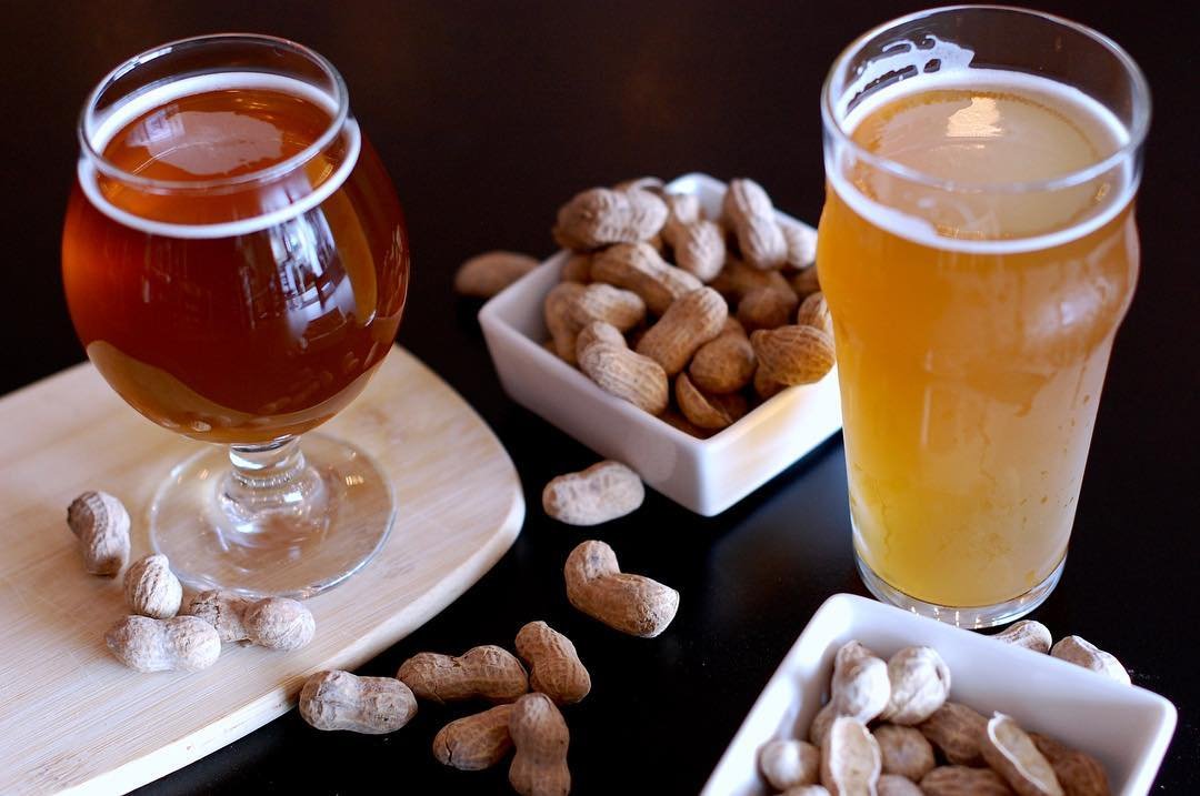 Two glasses of beer and bowl of peanuts at Decibel Brewing in Bothell, Washington.