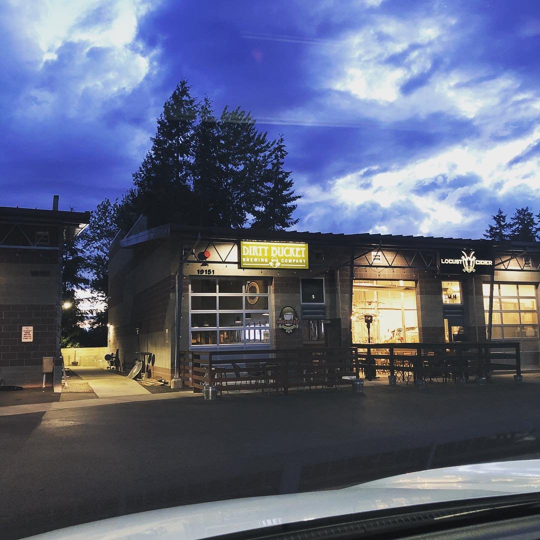Outside view of Dirty Bucket Brewing, at night time, near Bothell, Washington.