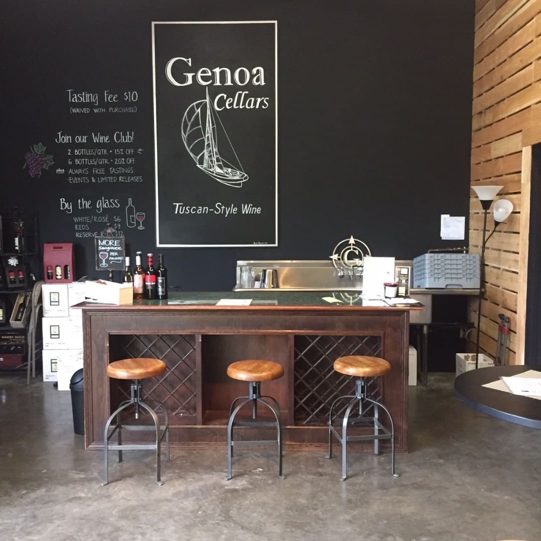 Wine tasting bar inside of Genoa Cellars wine store near Bothell, Washington.