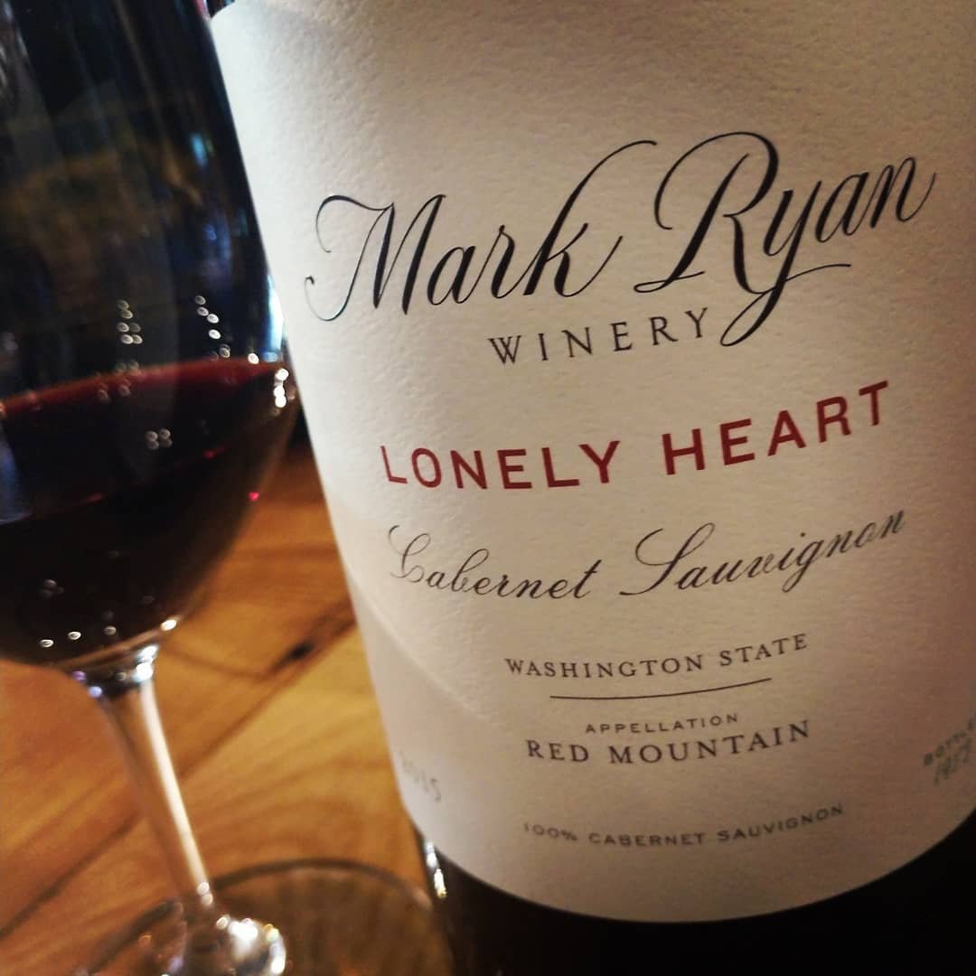 Close up view of wine bottle label from Mark Ryan Winery near Bothell, Washington.