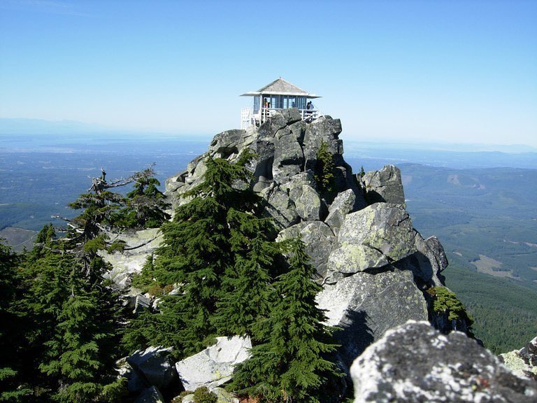 The lookout building at the top of Mount Pilchuck nearby Bothell, Washington.