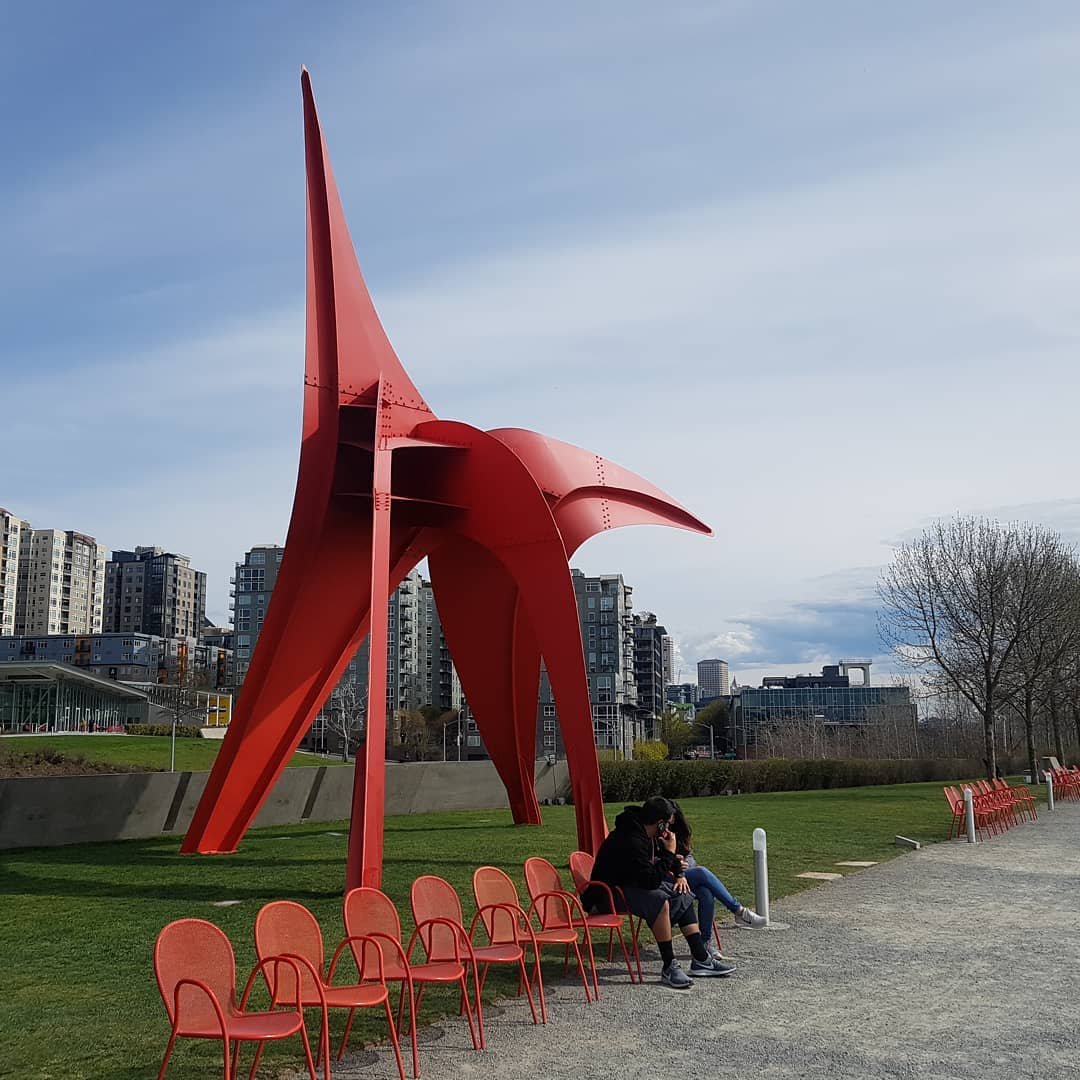 Big red sculpture outside at Seattle's Olympic Sculpture Park near Bothell.