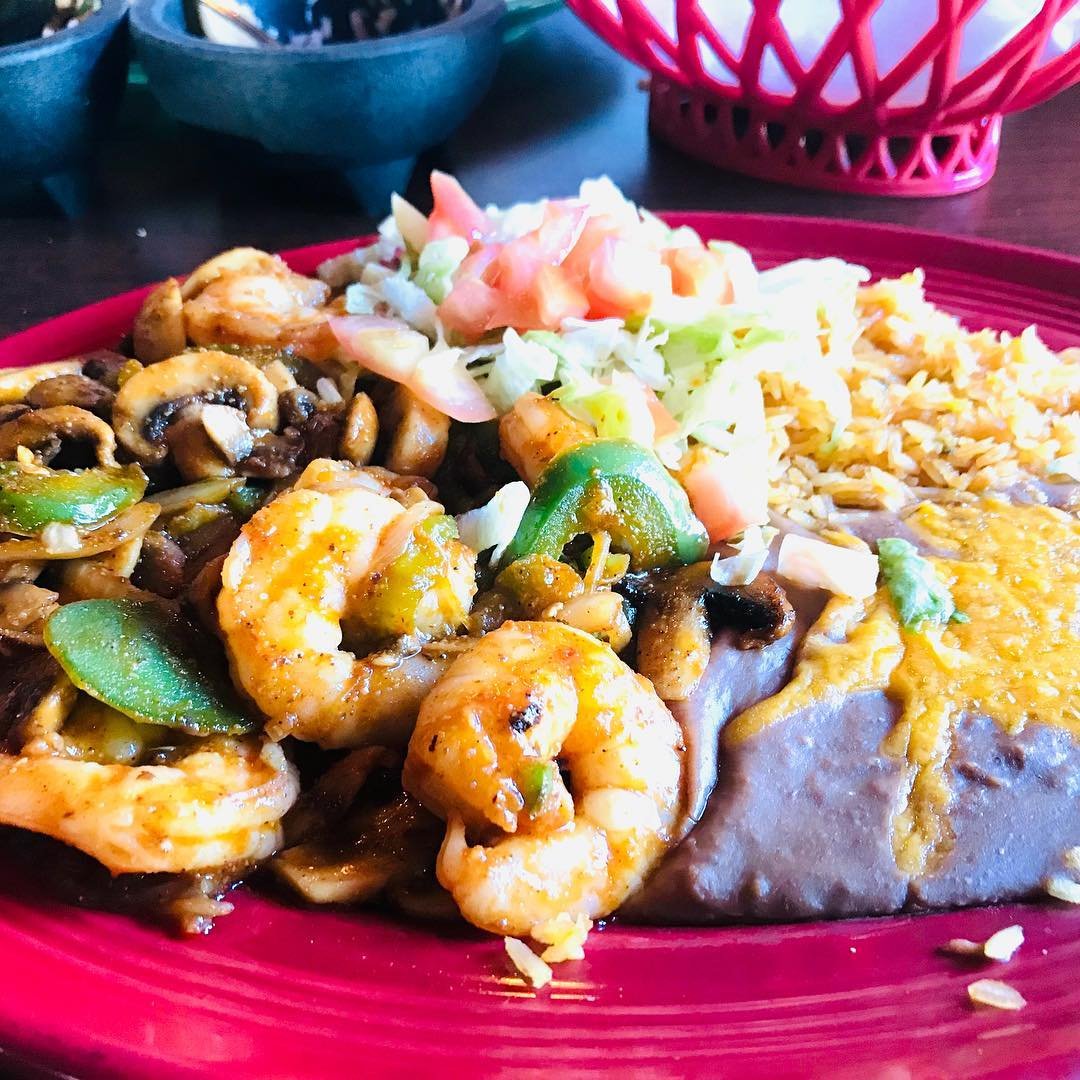 Entree of shrimp, rice, and beans from Pasion Tequila in Bothell, Washington,