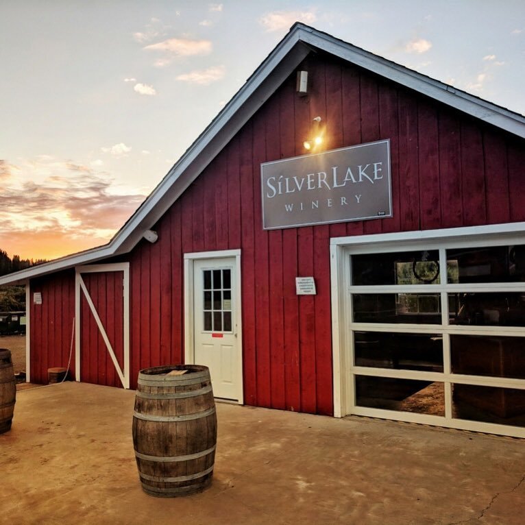 Outside view of the Silver Lake Winery building, at sunset, near Bothell, Washintgon.