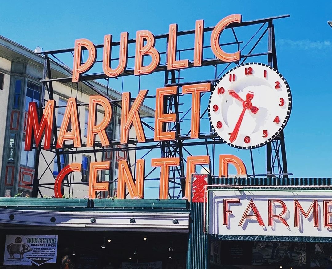 The Public Market Center sign outside of Pike Place Market in Seattle, Washington.
