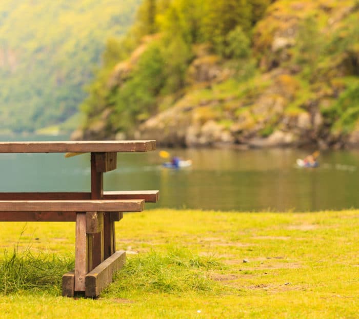 Lake with park bench