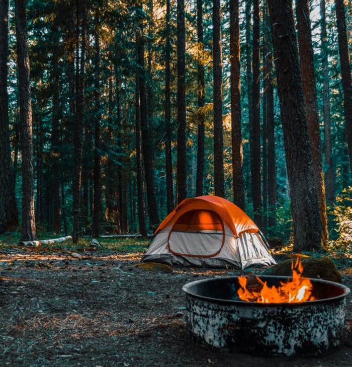 campfire and tent in Washington