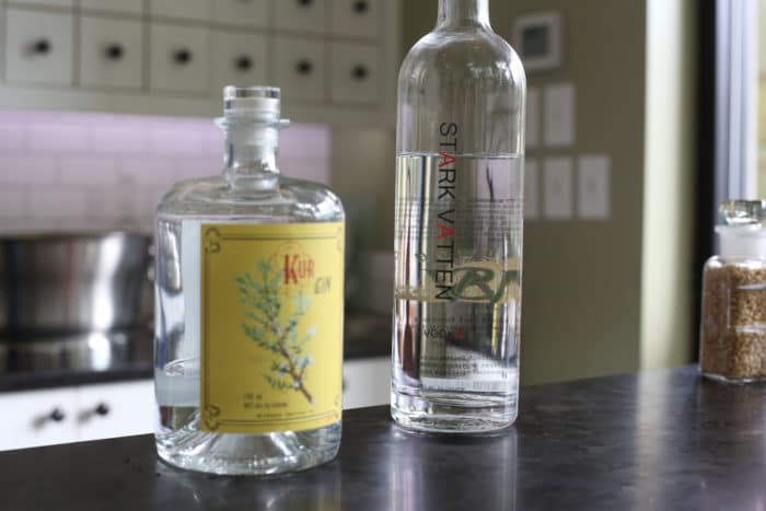 Wildwood Spirits Co. Kur Gin and Stark Vatten Vodka on tasting room counter in Bothell.