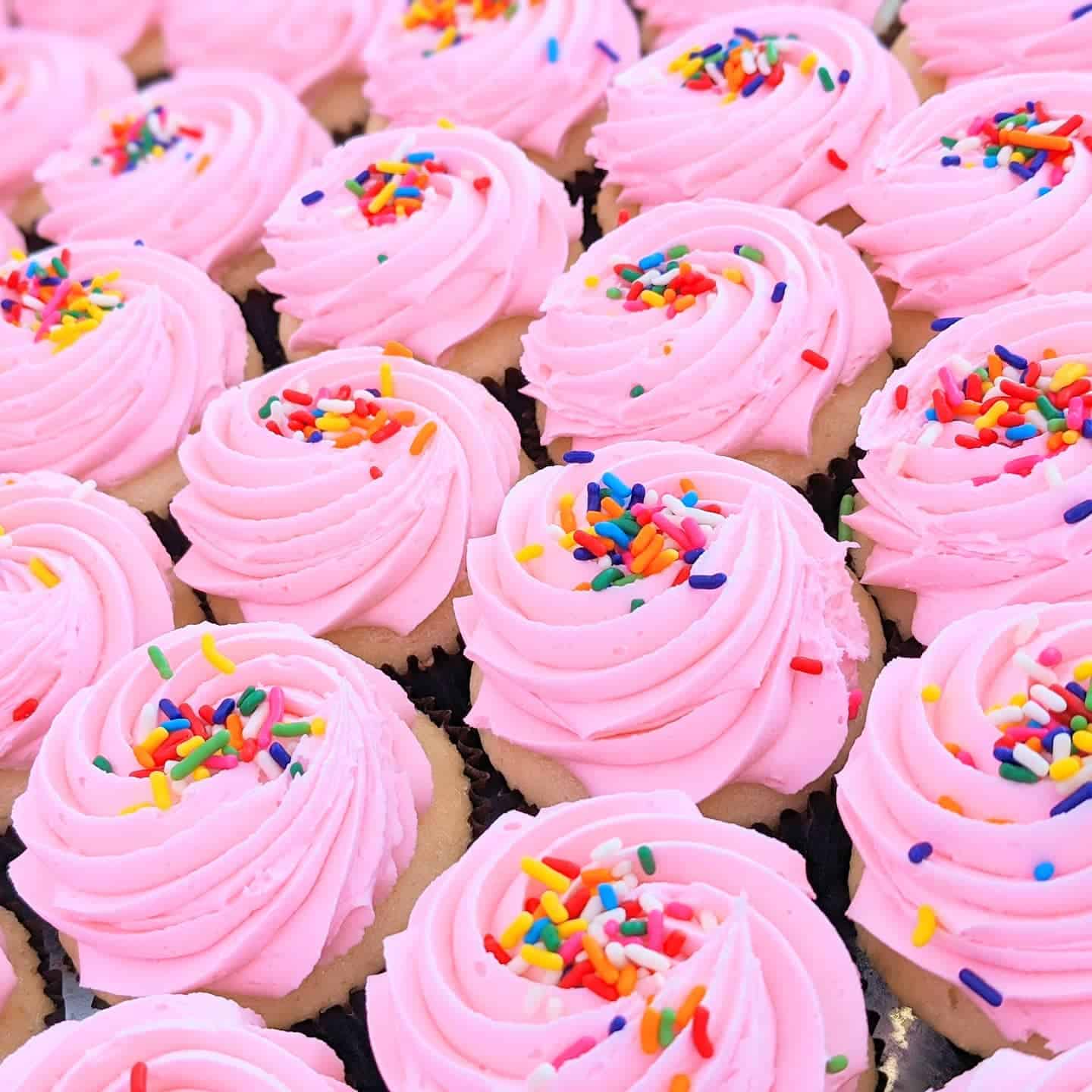 Pink frosted cupcakes with sprinkles on top from PinkaBella Bothell, WA